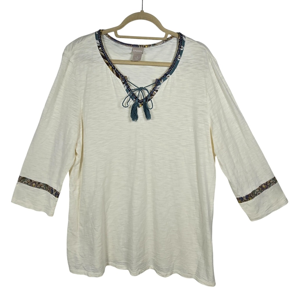 Chicos Blouse Woman 3 (XL) White Embroidered Neck Tassel 3/4 Sleeve Boho Casual